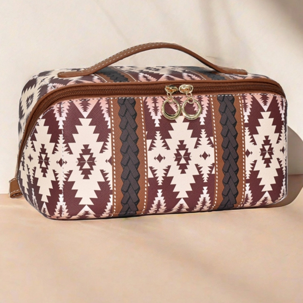 Aztec-Inspired Brown and Cream‎ Cosmetic Bag